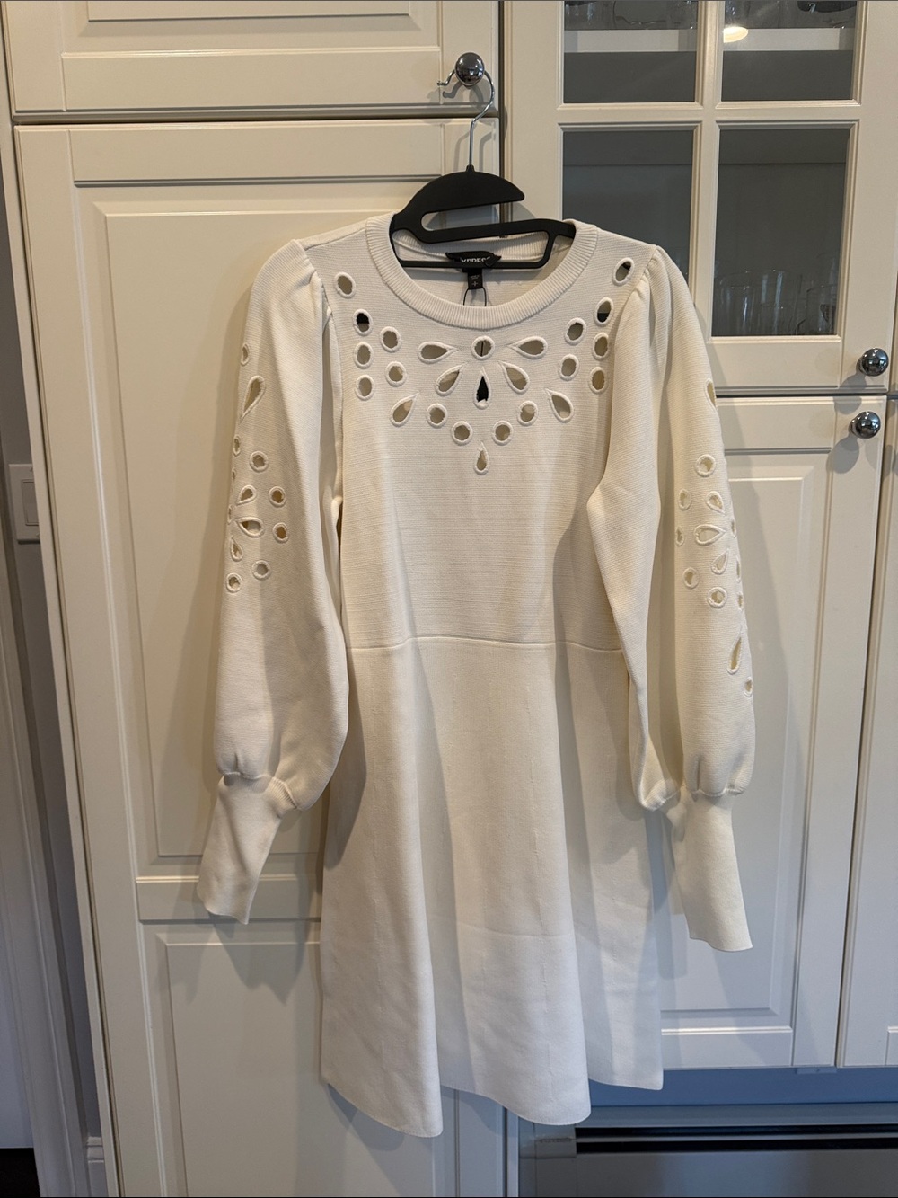 Express white Eyelet Midi Dress with Puff Sleeves